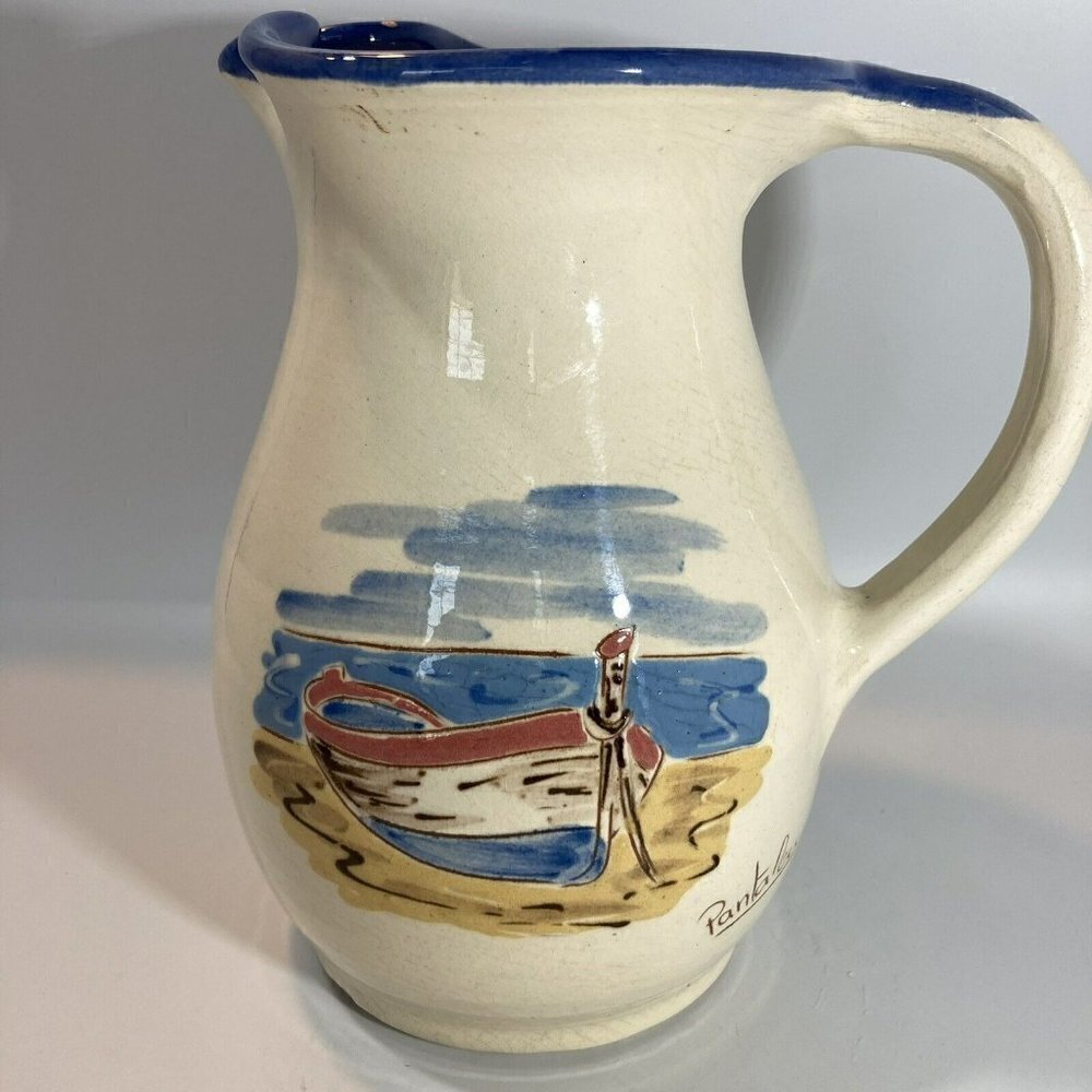 Ceramiques Signed Pantaleu Pitcher Vase Spain Glazed Cream‎ Blue Beach Scene